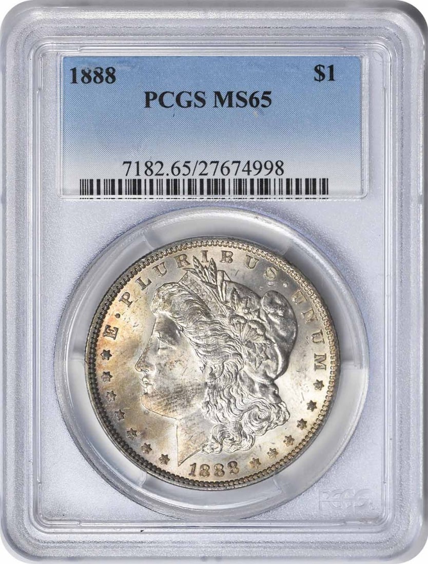 1888 Morgan Silver Dollar MS65 PCGS Uncirculated 90% Silver: 1888 Morgan Silver Dollar MS65 PCGS Uncirculated 90% Silver This 1888 Morgan Silver Dollar, graded MS65 by PCGS, showcases the exquisite craftsmanship of George T. Morgan. Featuring a composition of 9