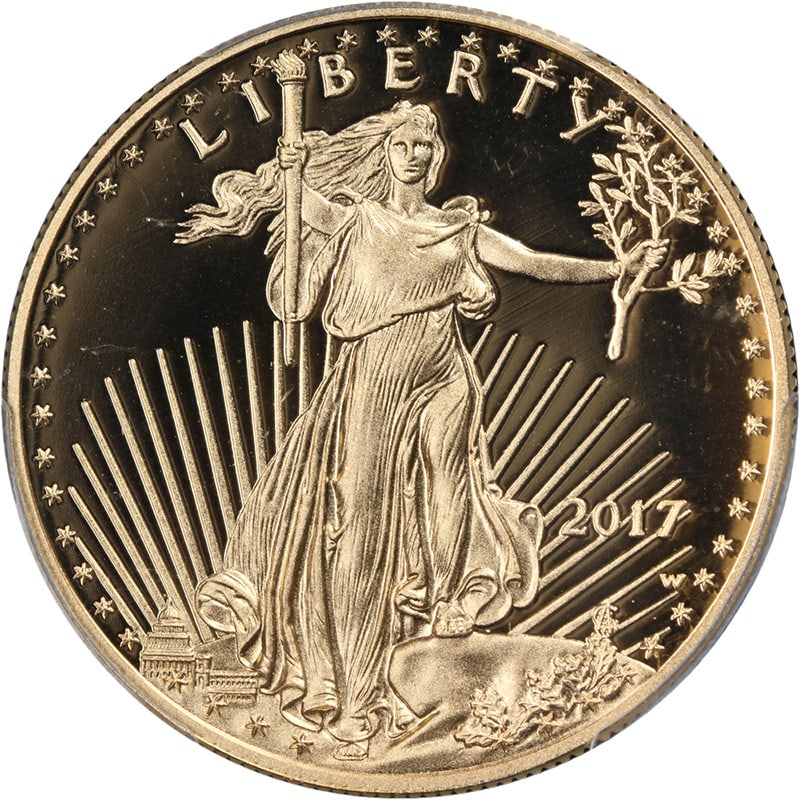 PCGS PR70 DCAM 2017-W $50 Gold Eagle Proof First Strike Gold Foil Label: PCGS PR70 DCAM 2017-W $50 Gold Eagle Proof First Strike Gold Foil Label This 2017-W Gold American Eagle $50 Proof coin is graded PR70 Deep Cameo (DCAM) by PCGS and features the prestigious 1st Strike 