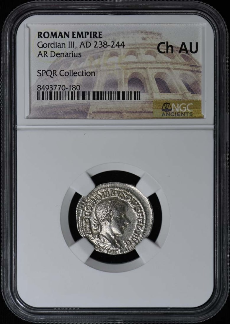 NGC AU55 Denarius of Gordian III Roman Imperial Silver Coin: NGC AU55 Denarius of Gordian III Roman Imperial Silver Coin This is a Roman Empire AR Denarius coin from the reign of Gordian III, dated AD 238-244. The coin has been certified by NGC and graded AU55,