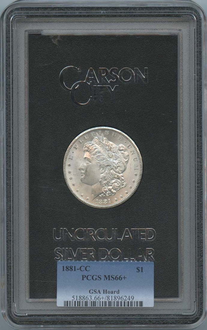 PCGS MS66 Plus 1881 Carson City Morgan Silver Dollar GSA Hoard: PCGS MS66 Plus 1881 Carson City Morgan Silver Dollar GSA Hoard This 1881-CC Morgan Dollar is part of the GSA Hoard and has been graded MS66+ by PCGS. Struck at the Carson City Mint, this uncirculated 