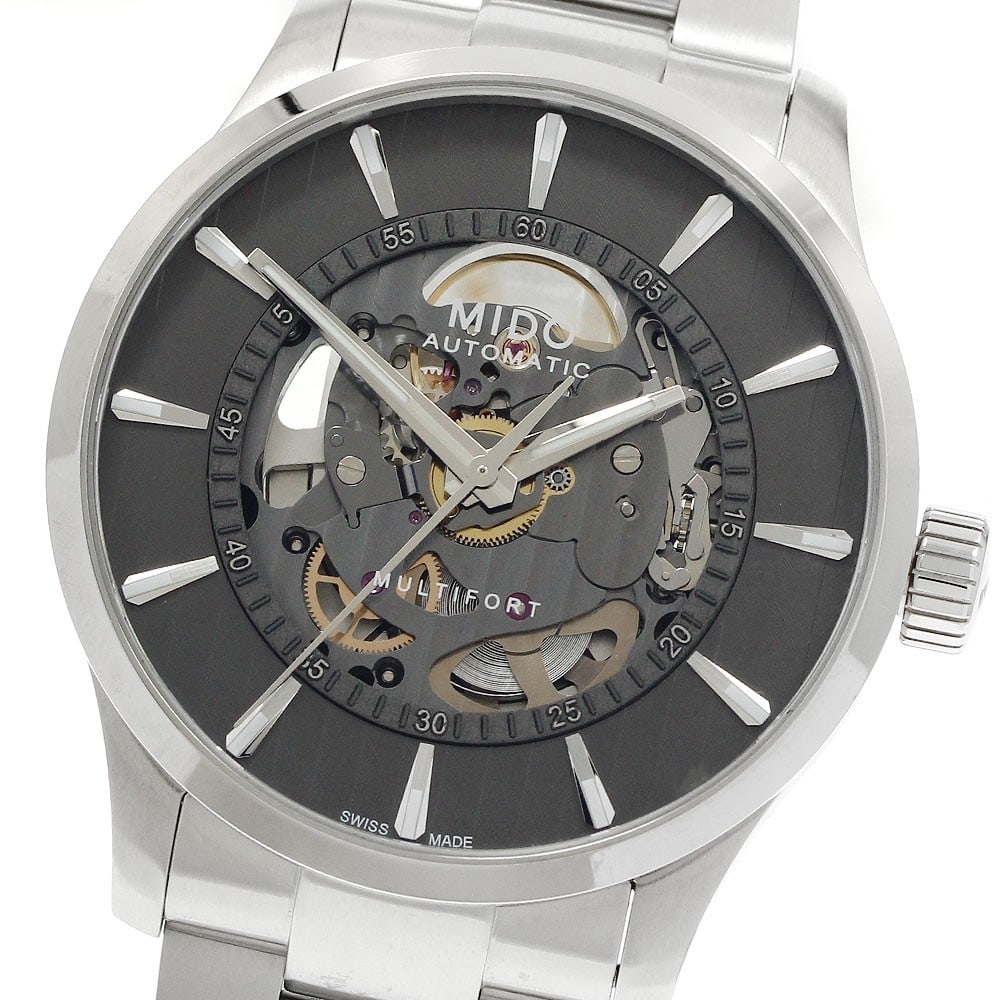 MIDO Multifort Automatic Stainless Steel Gray Skeleton Dial Watch: MIDO Multifort Automatic Stainless Steel Gray Skeleton Dial Watch This MIDO Multifort men's wristwatch features a stainless steel case and band with a gray skeleton dial. The watch is powered by an au