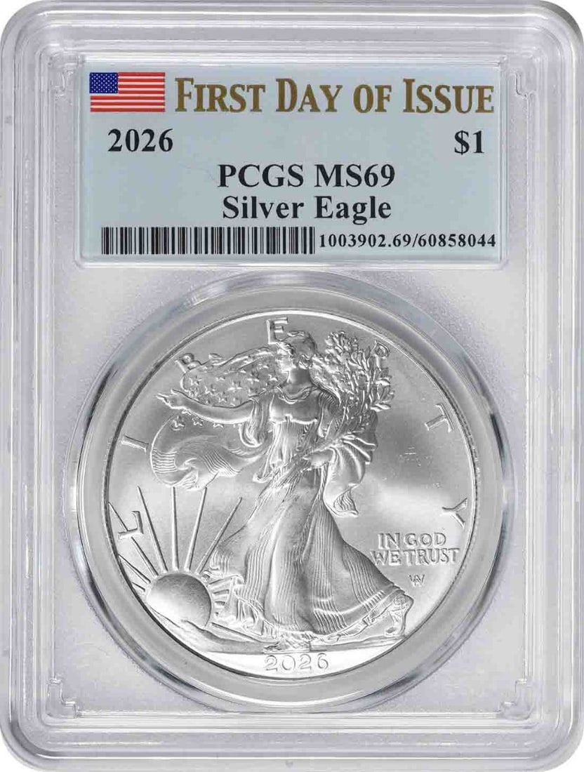 PCGS MS69 2026 American Silver Eagle First Day of Issue: PCGS MS69 2026 American Silver Eagle First Day of Issue This 2026 $1 American Silver Eagle is graded MS69 and certified by PCGS as a First Day of Issue coin. Struck by the U.S. Mint, it contains 1 oun