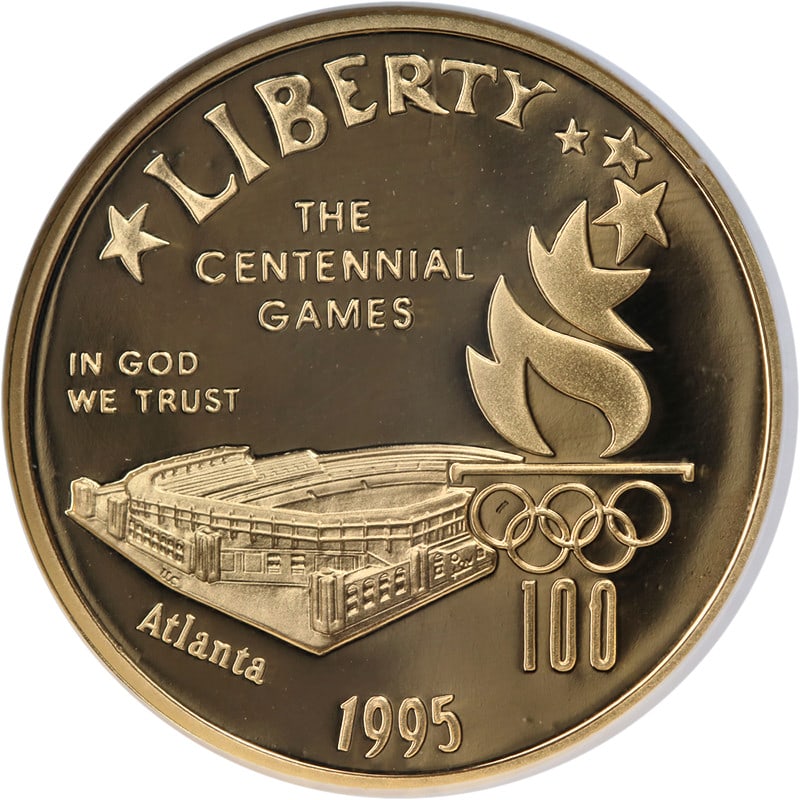 1995-W Atlanta Olympic Stadium Gold $5 NGC PF70 Ultra Cameo: 1995-W Atlanta Olympic Stadium Gold $5 NGC PF70 Ultra Cameo This is an original 1995-W Atlanta Olympic Stadium Commemorative Gold $5 coin, graded PF70 Ultra Cameo by NGC. The coin is uncirculated and 