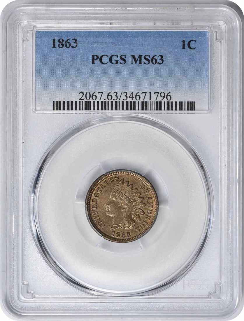 PCGS MS63 1863 Indian Head Copper Cent: PCGS MS63 1863 Indian Head Copper Cent This is an 1863 Indian Head Cent graded MS63 by PCGS. The coin is uncirculated and features a copper composition. It is a small cent from the United States, prod