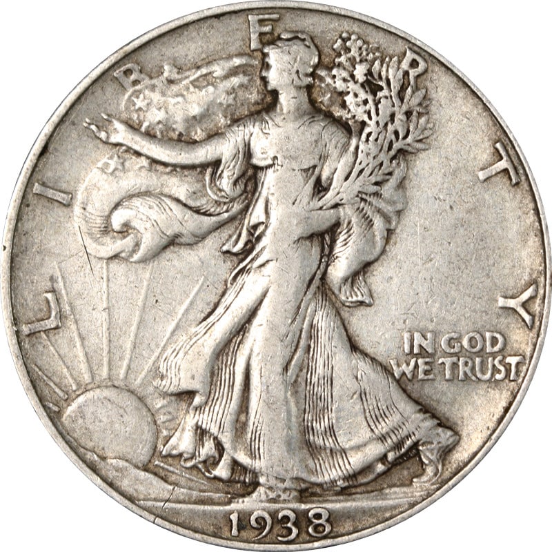Silver 1938 D Walking Liberty Half Dollar United States Key Date Coin: Silver 1938 D Walking Liberty Half Dollar United States Key Date Coin This 1938-D Walking Liberty Half Dollar is a key date coin from the United States. It is composed of silver with a fineness of 0.9