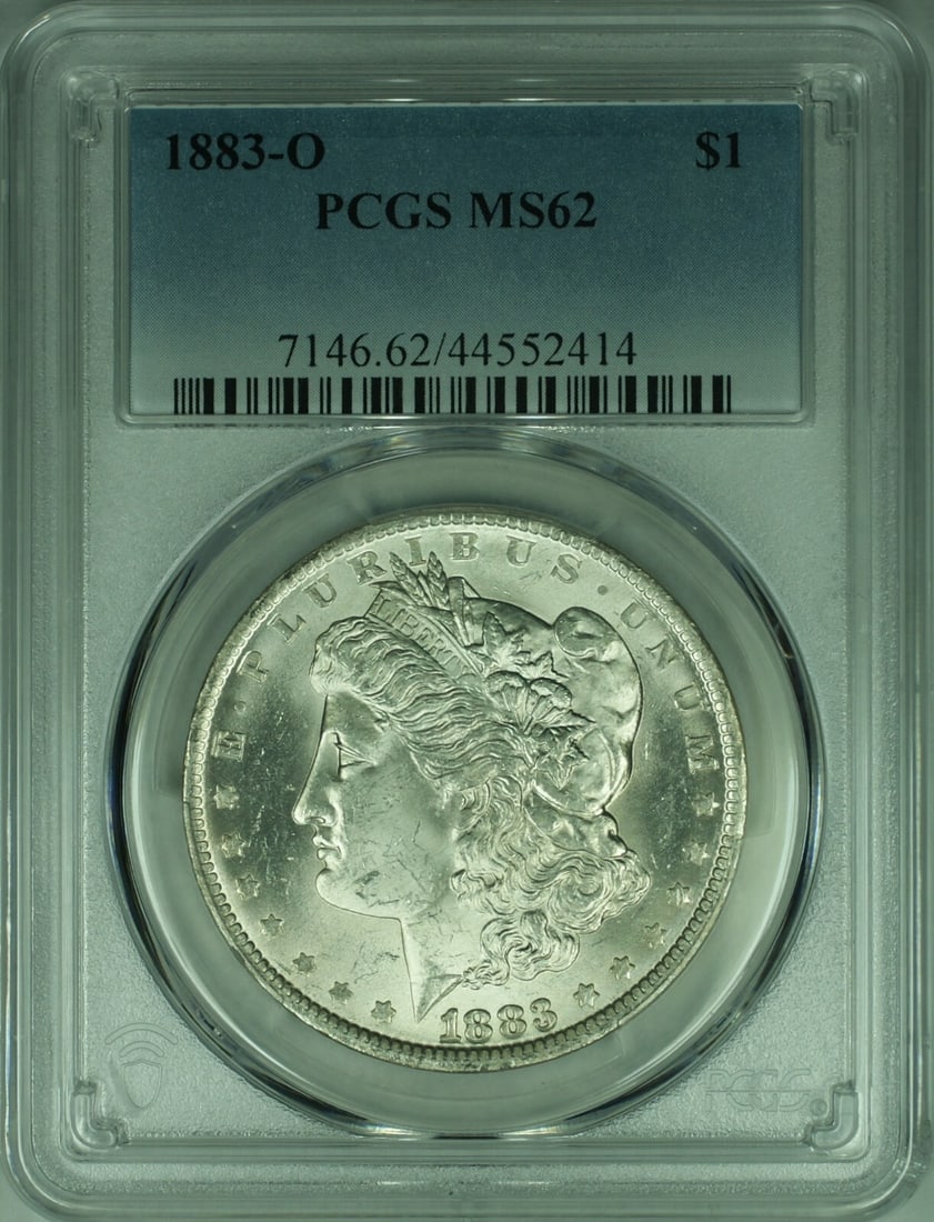 PCGS MS62 1883-O New Orleans Morgan Silver Dollar $1 Coin: PCGS MS62 1883-O New Orleans Morgan Silver Dollar $1 Coin This 1883-O Morgan Silver Dollar is a $1 coin minted in New Orleans. Certified by PCGS with a grade of MS-62, it is composed of silver and rem