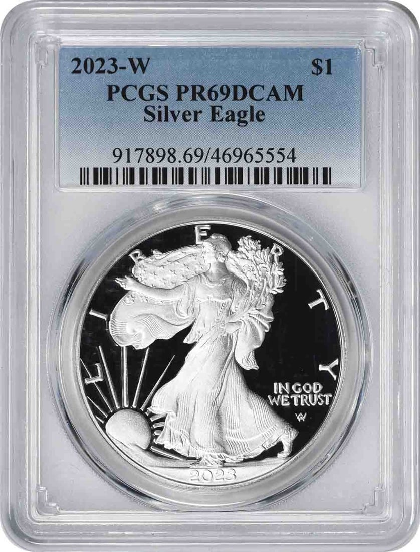2023 American Silver Eagle Proof Dollar PCGS PR69: 2023 American Silver Eagle Proof Dollar PCGS PR69 This 2023-W $1 American Silver Eagle is a proof coin graded PR69DCAM by PCGS. Struck by the U.S. Mint, it contains 1 oz of .999 fine silver and featur