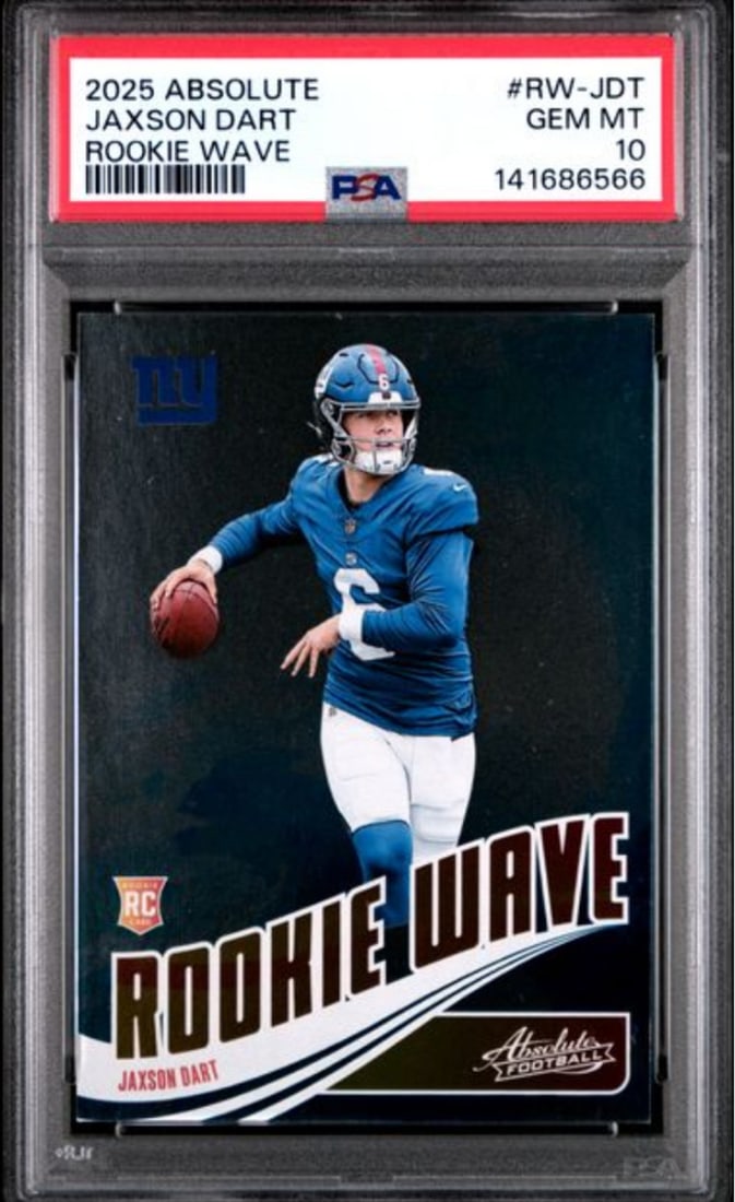 PSA 10 Jaxson Dart 2025 Rookie Wave RC Football Card: PSA 10 Jaxson Dart 2025 Rookie Wave RC Football Card This is a 2025 Panini Absolute Jaxson Dart #RWJDT Rookie Wave Rookie RC card. The card is professionally graded and encapsulated by Professional Sp