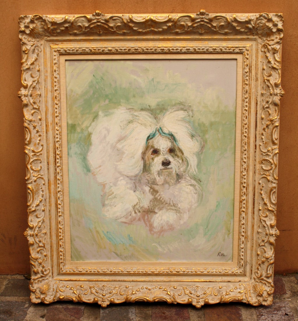 1970s O/C Dog Painting by Marion Hellett Pike from Bob & Dolores Hope Estate: 1970s O/C Dog Painting by Marion Hellett Pike from Bob & Dolores Hope Estate Experience the charm of this magnificent oil on canvas painting featuring a dog, created by the renowned American artist Ma