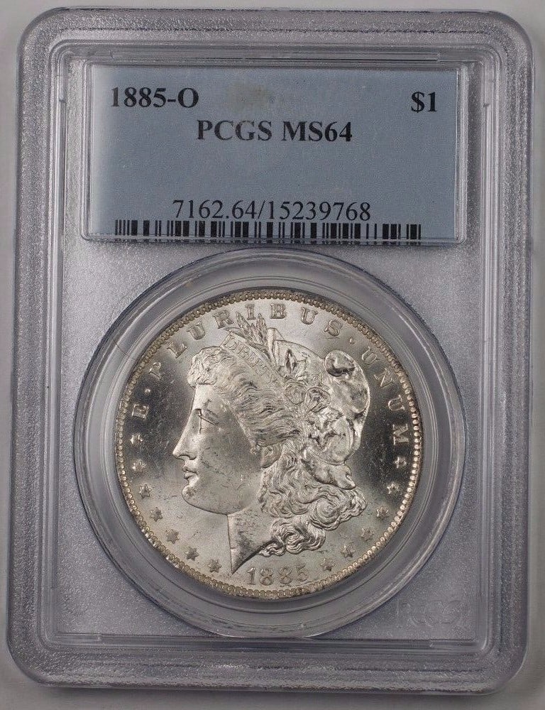 PCGS MS-64 1885-O Morgan Dollar Silver Coin New Orleans Mint: PCGS MS-64 1885-O Morgan Dollar Silver Coin New Orleans Mint This is an 1885-O Morgan Silver Dollar $1 coin, minted in New Orleans. Certified by PCGS with a grade of MS 64, this uncirculated coin is c
