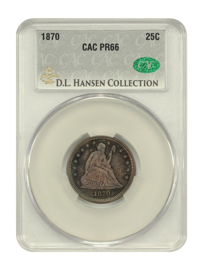 1870 Liberty Seated Quarter 25C PR66 CACG ex D.L. Hansen: 1870 Liberty Seated Quarter 25C PR66 CACG ex D.L. Hansen An 1870 Liberty Seated Quarter certified by CACG and graded PR66, struck in Philadelphia. This uncirculated proof example is from a mintage of 
