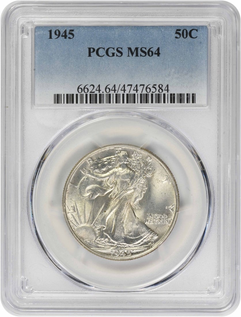 1945 Walking Liberty Half Dollar MS64 PCGS 90% Silver Uncirculated: 1945 Walking Liberty Half Dollar MS64 PCGS 90% Silver Uncirculated This 1945 Walking Liberty Silver Half Dollar is graded MS64 by PCGS, indicating its high level of preservation. Minted in Philadelphi