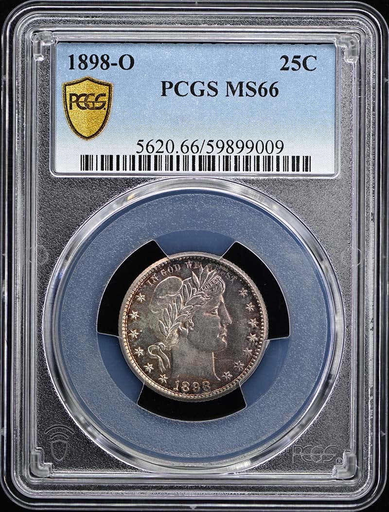 1898-O Barber Quarter 25C PCGS MS66 Uncirculated New Orleans: 1898-O Barber Quarter 25C PCGS MS66 Uncirculated New Orleans This stunning 1898-O Barber Quarter is certified by PCGS and graded at MS66, ensuring its exceptional quality. Struck in New Orleans, this 