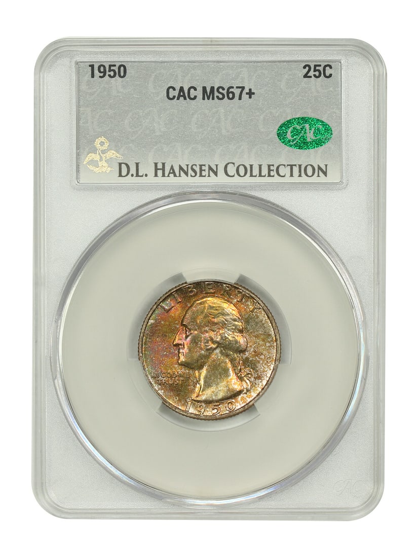 1950 Washington Quarter 25C CACG MS67+ ex D.L. Hansen: 1950 Washington Quarter 25C CACG MS67+ ex D.L. Hansen 1950 Washington Quarter certified by CACG and graded MS67+. This uncirculated Philadelphia-minted example is described as sharply defined througho
