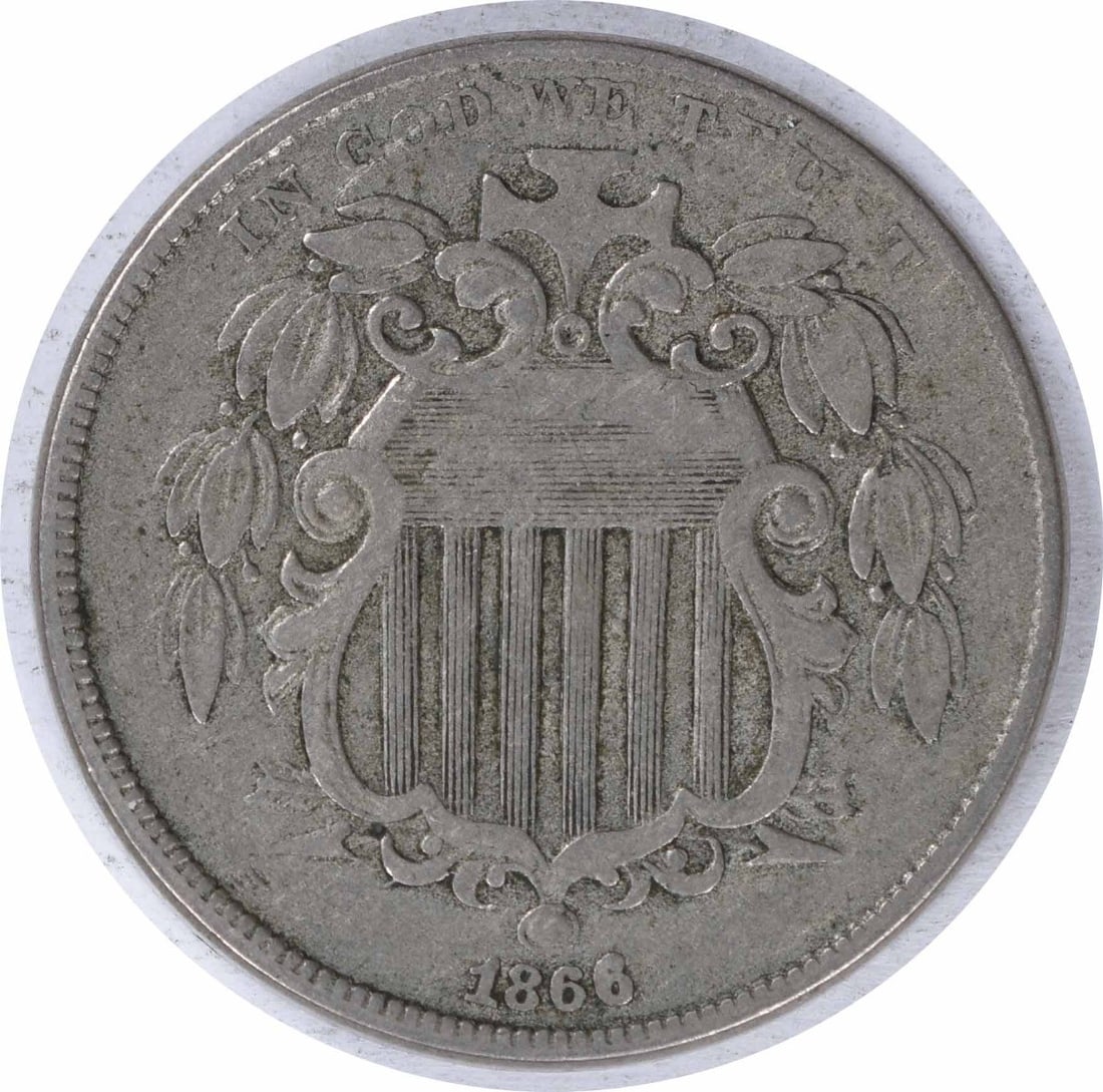 1866 5C Shield Nickel With Rays VF Uncertified: 1866 5C Shield Nickel With Rays VF Uncertified This is an 1866 Shield Nickel with rays, graded VF and offered in circulated condition. It is an uncertified United States 5-cent coin from Philadelphia,