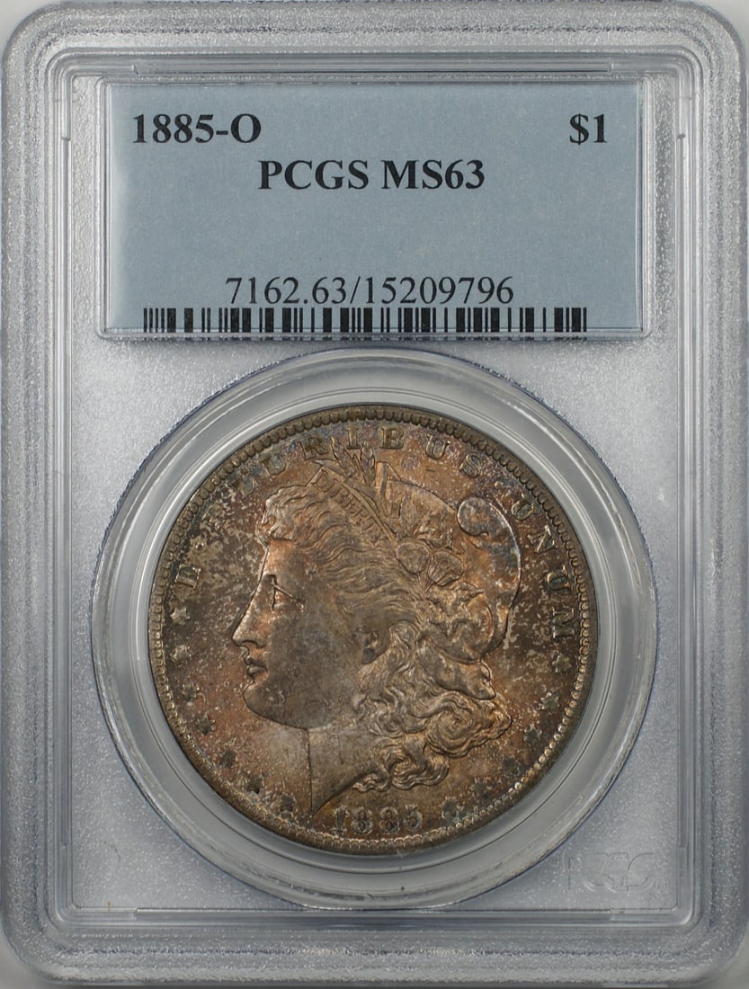 PCGS MS 63 1885-O Morgan Dollar Uncirculated Silver Coin New Orleans Mint: PCGS MS 63 1885-O Morgan Dollar Uncirculated Silver Coin New Orleans Mint This is an 1885-O Morgan Silver Dollar $1 coin, graded MS 63 by PCGS. Minted in New Orleans, the coin is composed of 90% silve
