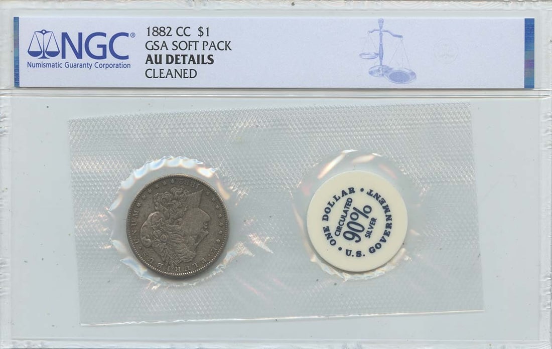 NGC AU Details 1882 Carson City Morgan Dollar in GSA Soft Pack: NGC AU Details 1882 Carson City Morgan Dollar in GSA Soft Pack This 1882-CC Morgan Dollar is presented in a GSA soft pack and has been certified by NGC with AU Details. The coin was minted in Carson C