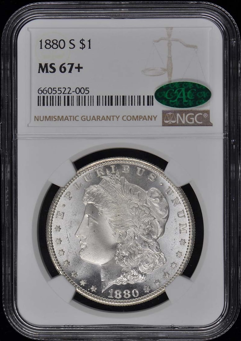 1880-S Morgan Dollar NGC MS67+ CAC Uncirculated San Francisco: 1880-S Morgan Dollar NGC MS67+ CAC Uncirculated San Francisco This 1880-S Morgan Dollar is a stunning example of American coinage, certified by NGC with a remarkable grade of MS67+. It is an uncircula
