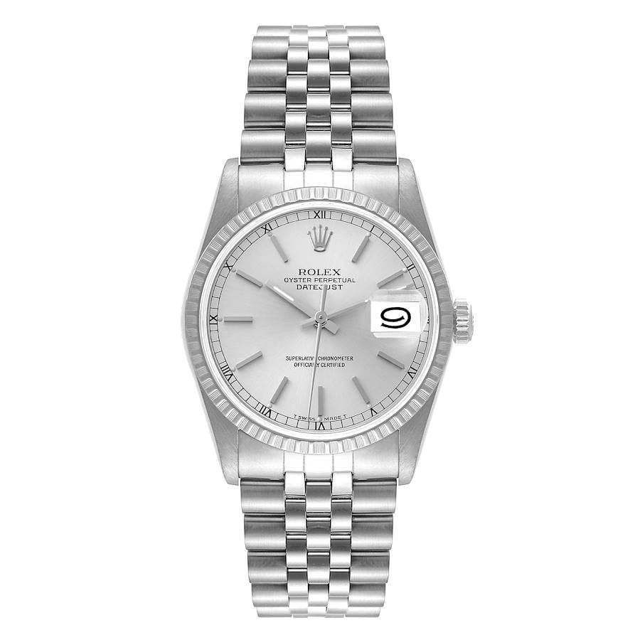 Rolex Datejust Reference 16220 Men's Watch with Silver Stick Dial Jubilee Bracelet: Rolex Datejust Reference 16220 Men's Watch with Silver Stick Dial Jubilee Bracelet This Rolex Datejust features a silver stick dial and an Oyster bracelet, paired with an engine-turned bezel. Designed