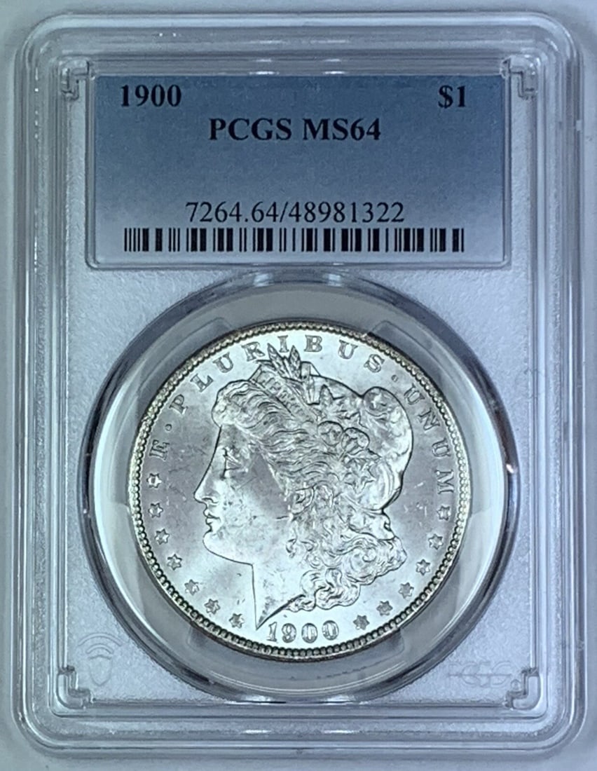 PCGS MS 64 Certified 1900 Morgan Silver Dollar Coin: PCGS MS 64 Certified 1900 Morgan Silver Dollar Coin This is a 1900 Morgan Silver Dollar coin from the United States, graded MS 64 by PCGS. The coin is uncirculated and composed of silver. It features 