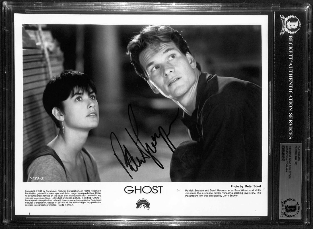Patrick Swayze RARE Signed Ghost 8x10 Press Still BECKETT Authenticated: Patrick Swayze RARE Signed Ghost 8x10 Press Still BECKETT Authenticated This stunning 8x10 black-and-white press still from the 1990 classic film Ghost features a bold autograph from the late Patrick 