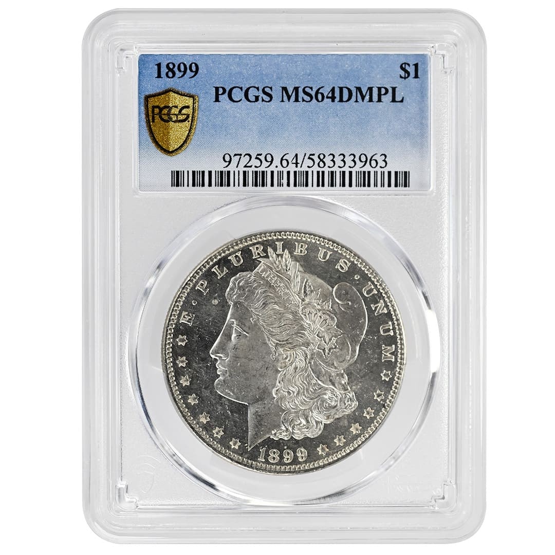 PCGS MS64DMPL 1899 Morgan Silver Dollar: PCGS MS64DMPL 1899 Morgan Silver Dollar This 1899 Morgan Dollar is a rare collectible coin graded MS64 Deep Mirror Proof-Like (DMPL) by PCGS. Struck in Philadelphia, it features a silver composition a