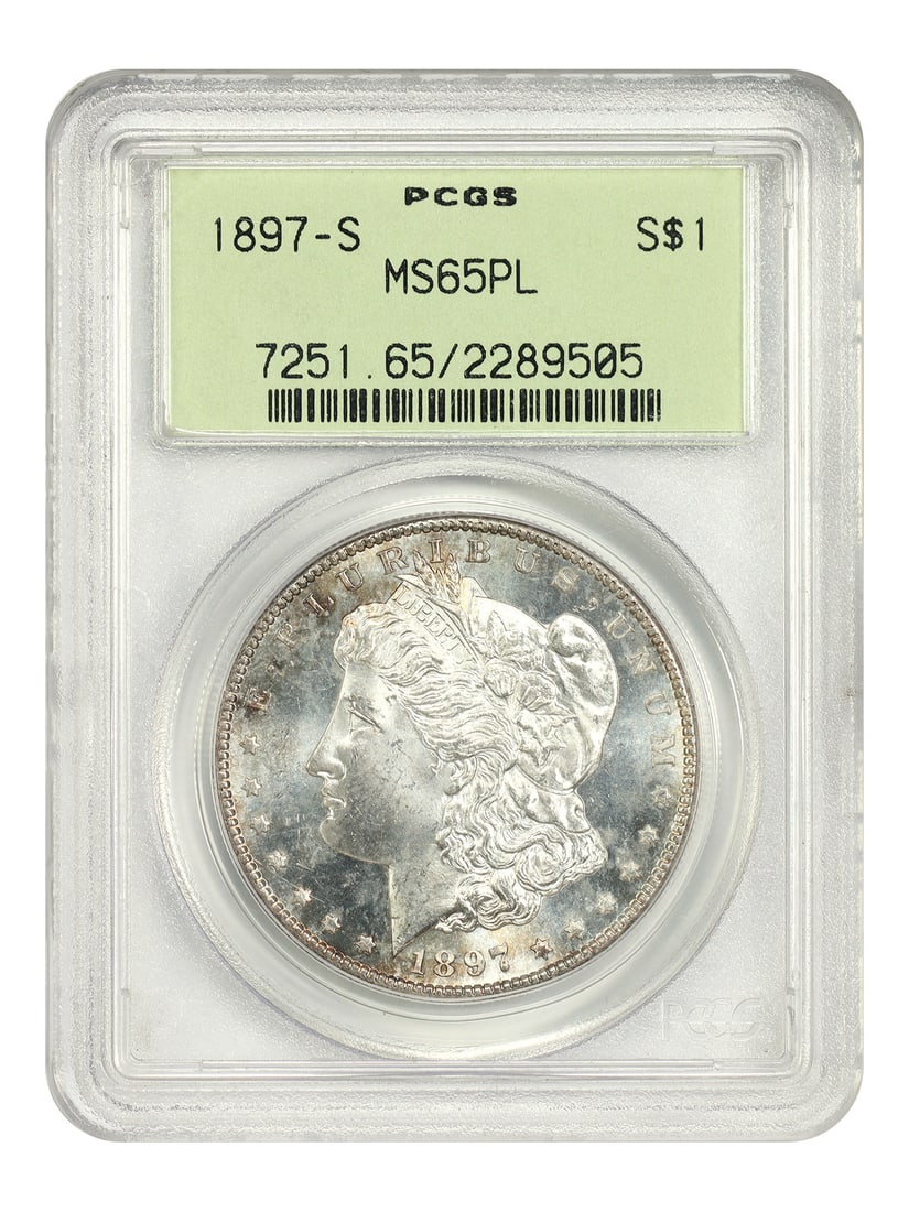 PCGS MS65PL 1897-S Morgan Dollar OGH $1: PCGS MS65PL 1897-S Morgan Dollar OGH $1 1897-S Morgan Dollar certified by PCGS and graded MS65PL. This uncirculated $1 coin was struck at the San Francisco Mint and is described as flashy and splashed