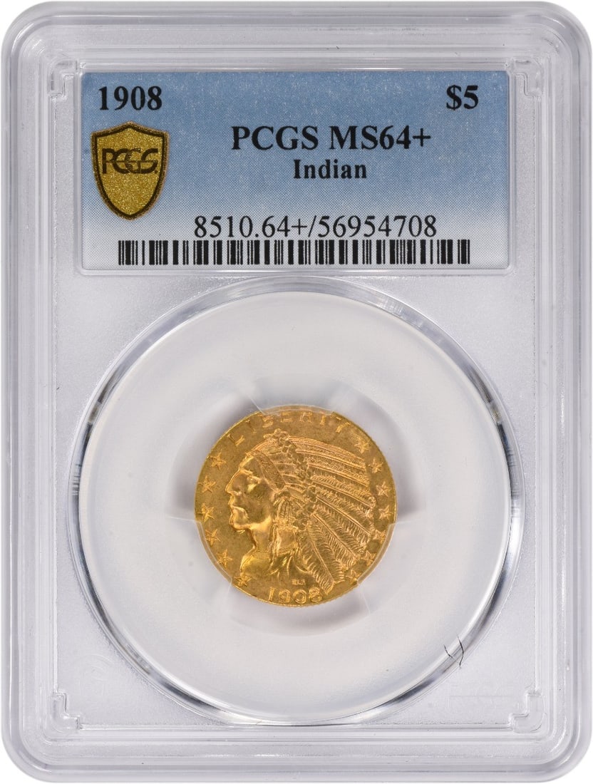 1908 $5 Gold Indian Coin MS64 PCGS Uncirculated Bela Lyon Pratt: 1908 $5 Gold Indian Coin MS64 PCGS Uncirculated Bela Lyon Pratt This 1908 $5 Gold Indian coin is a stunning example of early 20th-century American numismatics. Graded MS64+ by PCGS, it showcases excep