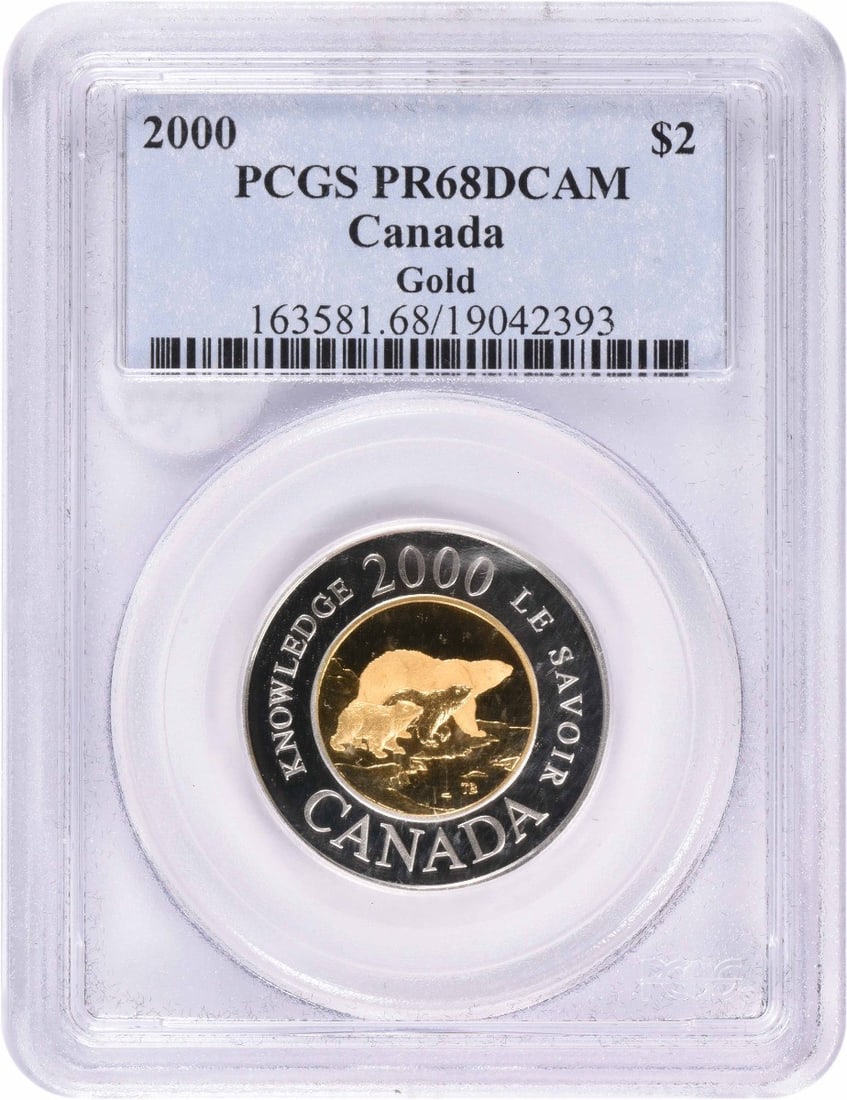 PCGS PR68DCAM 2000 Canada Two Dollar Gold Coin: PCGS PR68DCAM 2000 Canada Two Dollar Gold Coin This is a 2000 Canadian two dollar gold coin, graded PR68DCAM by PCGS. The coin is in un-used condition and has been certified by PCGS, making it a colle