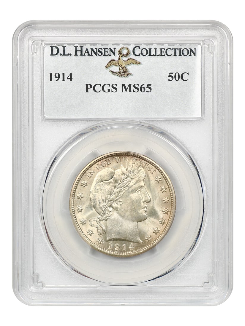 1914 Barber Half Dollar 50C PCGS MS65 ex D.L. Hansen: 1914 Barber Half Dollar 50C PCGS MS65 ex D.L. Hansen 1914 Barber Half Dollar graded PCGS MS65 and certified uncirculated. Struck in Philadelphia, this 50C issue is noted as the lowest mintage date in 