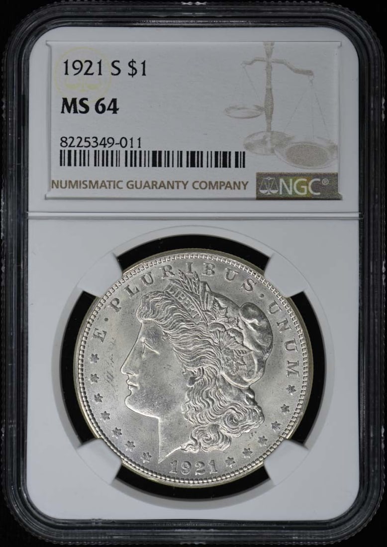 NGC MS64 1921 San Francisco Morgan Silver Dollar: NGC MS64 1921 San Francisco Morgan Silver Dollar This 1921-S Morgan Dollar is certified by NGC with a grade of MS64. Minted in San Francisco, it is an uncirculated coin from the United States and rema
