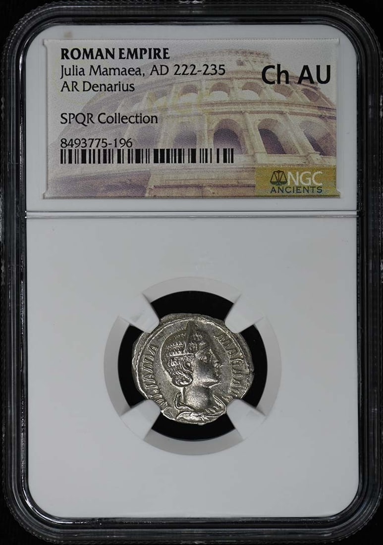 NGC Ch AU AR Denarius of Julia Mamaea Roman Empire: NGC Ch AU AR Denarius of Julia Mamaea Roman Empire This Roman Empire AR Denarius features Julia Mamaea and dates from AD 222-235. The coin has been graded Choice About Uncirculated (Ch AU) by NGC and 