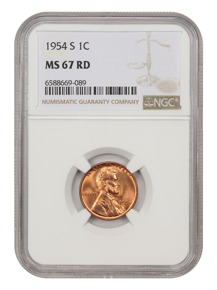 1954-S Lincoln Cent NGC MS67 RD Wheat Reverse Gem: 1954-S Lincoln Cent NGC MS67 RD Wheat Reverse Gem This stunning 1954-S Lincoln Cent is graded MS67 RD by NGC, showcasing its remarkable uncirculated condition. Struck at the San Francisco mint, this c