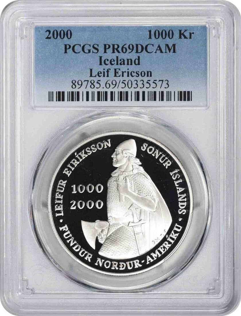 PCGS PR69DCAM 2000 Iceland 1000 Kronur Silver Proof Coin: PCGS PR69DCAM 2000 Iceland 1000 Kronur Silver Proof Coin This 2000 Iceland commemorative coin is struck in proof quality and graded PR69DCAM by PCGS. Composed of 90% silver and 10% copper, the coin fe