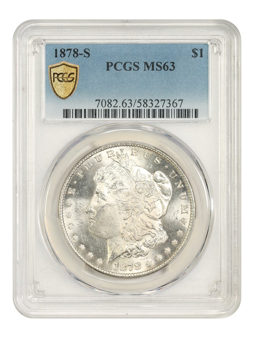 PCGS MS63 1878-S Morgan Silver Dollar $1: PCGS MS63 1878-S Morgan Silver Dollar $1 An 1878-S Morgan Dollar $1 coin certified by PCGS and graded MS63. The coin is uncirculated and pre-owned, with certification number 58327367. Specifications D