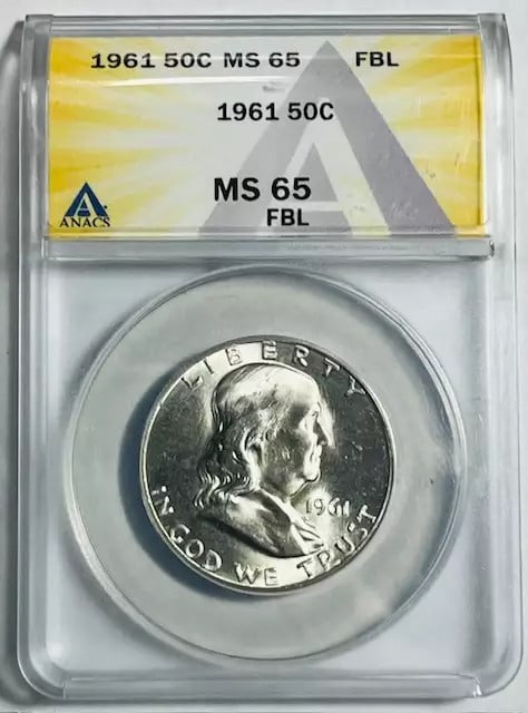 ANACS MS-65 1961 Franklin half dollar Full Bell Lines: ANACS MS-65 1961 Franklin half dollar Full Bell Lines This 1961 Franklin Half Dollar has been certified by ANACS with a grade of MS-65 and features Full Bell Lines (FBL). Struck in silver, this uncirc