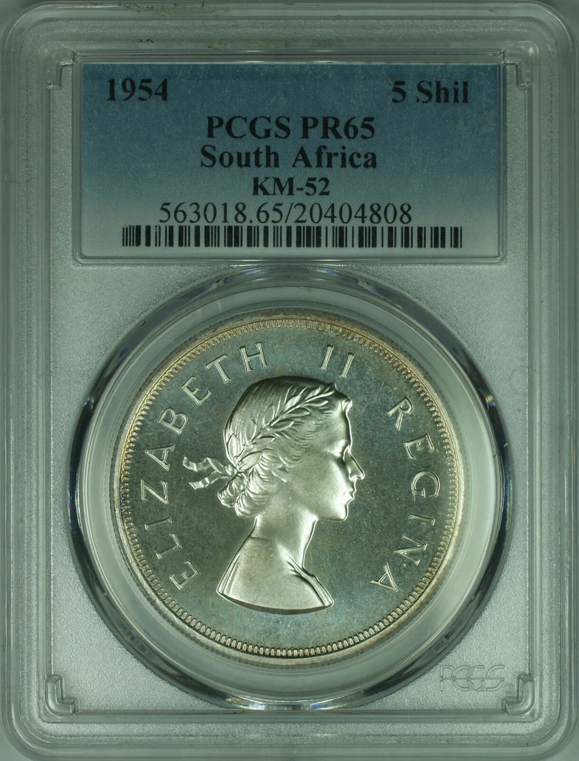 1954 South Africa Silver 5 Shillings Proof PCGS PR65 KM52: 1954 South Africa Silver 5 Shillings Proof PCGS PR65 KM52 This is a 1954 South Africa 5 Shillings silver proof coin featuring Queen Elizabeth II. The coin is composed of silver with a fineness of 0.5 