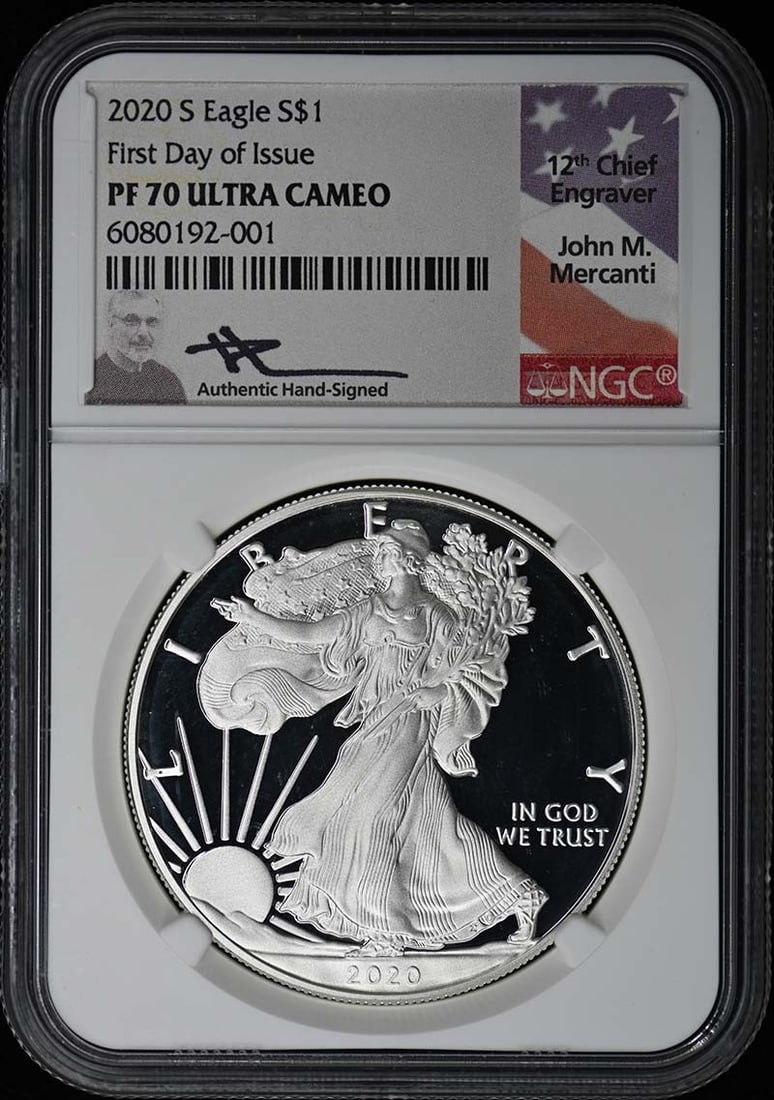 2020 S Silver Dollar NGC PR70DCAM First Day of Issue Coin: 2020 S Silver Dollar NGC PR70DCAM First Day of Issue Coin This 2020 S American Eagle Silver Dollar has been certified by NGC with a PR70 Deep Cameo grade and is a First Day of Issue release. The coin 