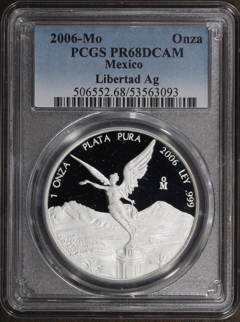 PCGS PR68 DCAM 2006 Mexico Libertad 1 oz Silver Proof Coin: PCGS PR68 DCAM 2006 Mexico Libertad 1 oz Silver Proof Coin This is a 2006 Mexican Libertad 1 oz proof silver coin, graded PR68 DCAM by PCGS. Struck in .999 fine silver, this coin is a proof issue from