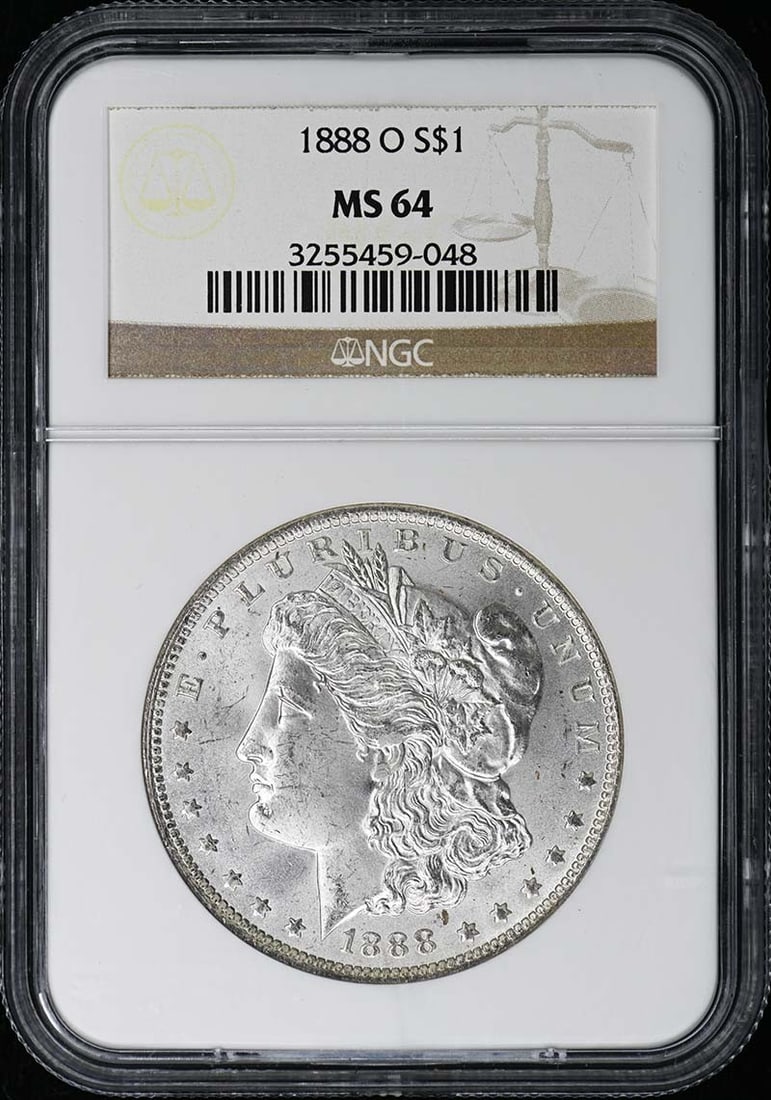 NGC MS64 1888-O New Orleans Morgan Silver Dollar: NGC MS64 1888-O New Orleans Morgan Silver Dollar This 1888-O Morgan Dollar is a certified uncirculated coin graded MS64 by NGC. Minted in New Orleans, it features the classic Morgan Dollar design and 