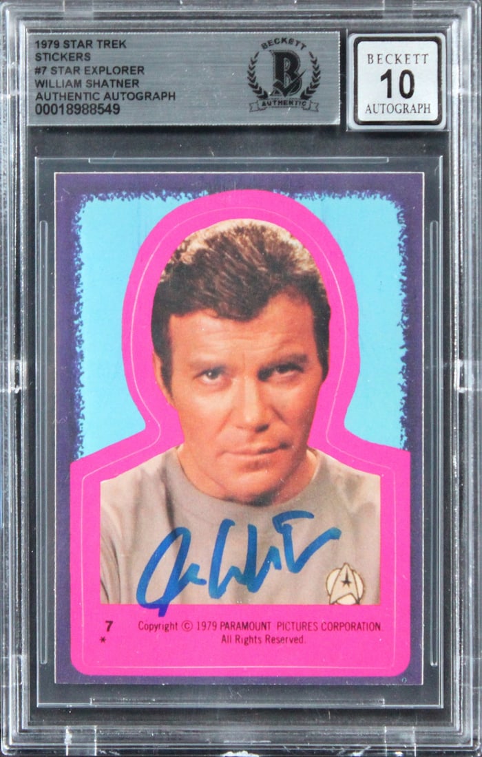 Beckett Slabbed William Shatner Autographed 1979 Star Trek Stickers Card #7 Mint 10 (1 of 2)