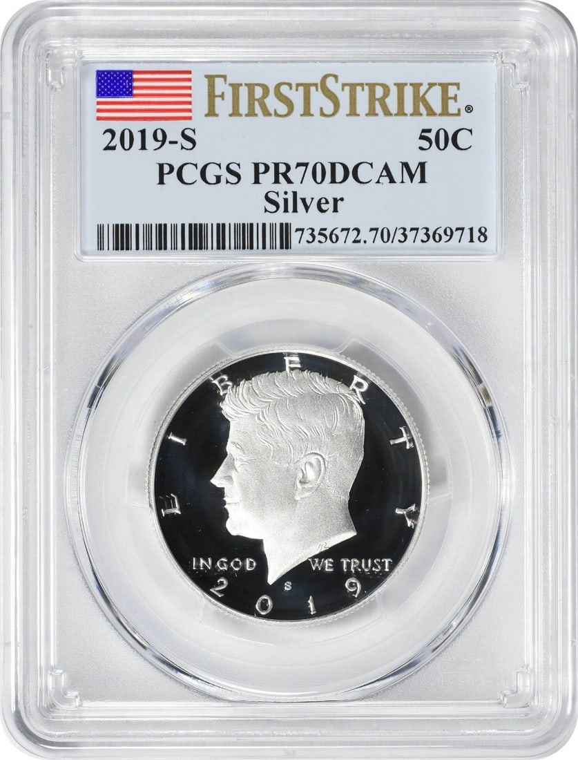 2019-S Silver Kennedy Half Dollar PR70DCAM PCGS Proof 70 First Strike: 2019-S Silver Kennedy Half Dollar PR70DCAM PCGS Proof 70 First Strike This stunning 2019-S Silver Kennedy Half Dollar is a perfect addition for any coin collector. Graded PR70 by PCGS, this coin boast