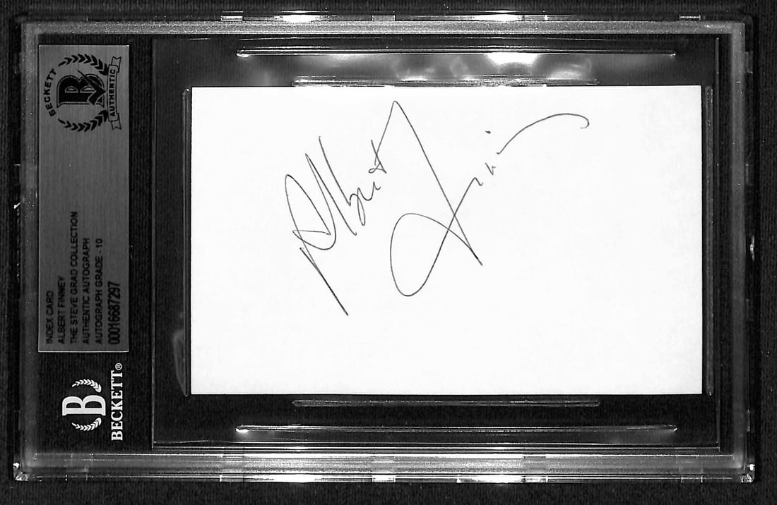 Albert Finney Signed 3x5 Index Card Murder on the Orient Express Beckett Authenticated: Albert Finney Signed 3x5 Index Card Murder on the Orient Express Beckett Authenticated This is an original autographed 3x5 index card signed by the legendary actor Albert Finney, known for his role as