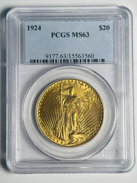 1924 Saint Gaudens Double Eagle PCGS MS-63 Gold Dollar: 1924 Saint Gaudens Double Eagle PCGS MS-63 Gold Dollar This 1924 Saint Gaudens Double Eagle is a $20 gold coin minted in Philadelphia. Graded MS-63 by PCGS, it is uncirculated and composed of gold. Th