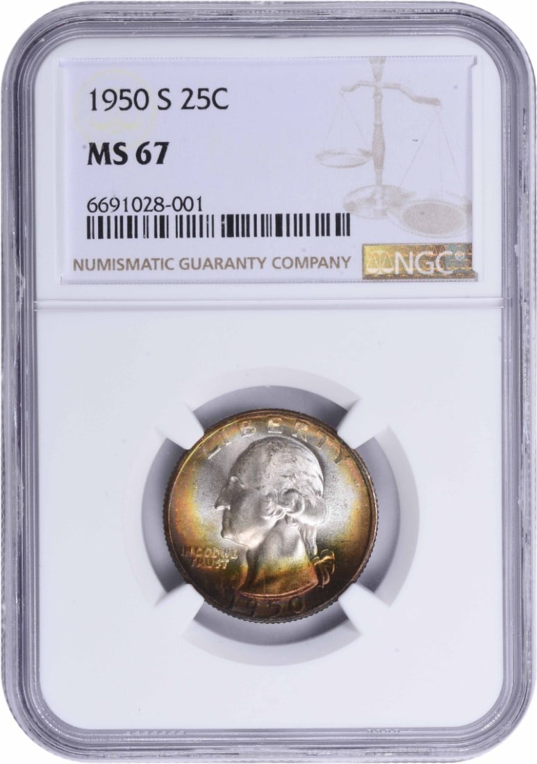 NGC MS67 1950-S Washington 25C Silver Quarter: NGC MS67 1950-S Washington 25C Silver Quarter This is a 1950 Washington Silver Quarter graded MS67 by NGC. The coin is uncirculated and composed of silver, originating from the United States. It is a 