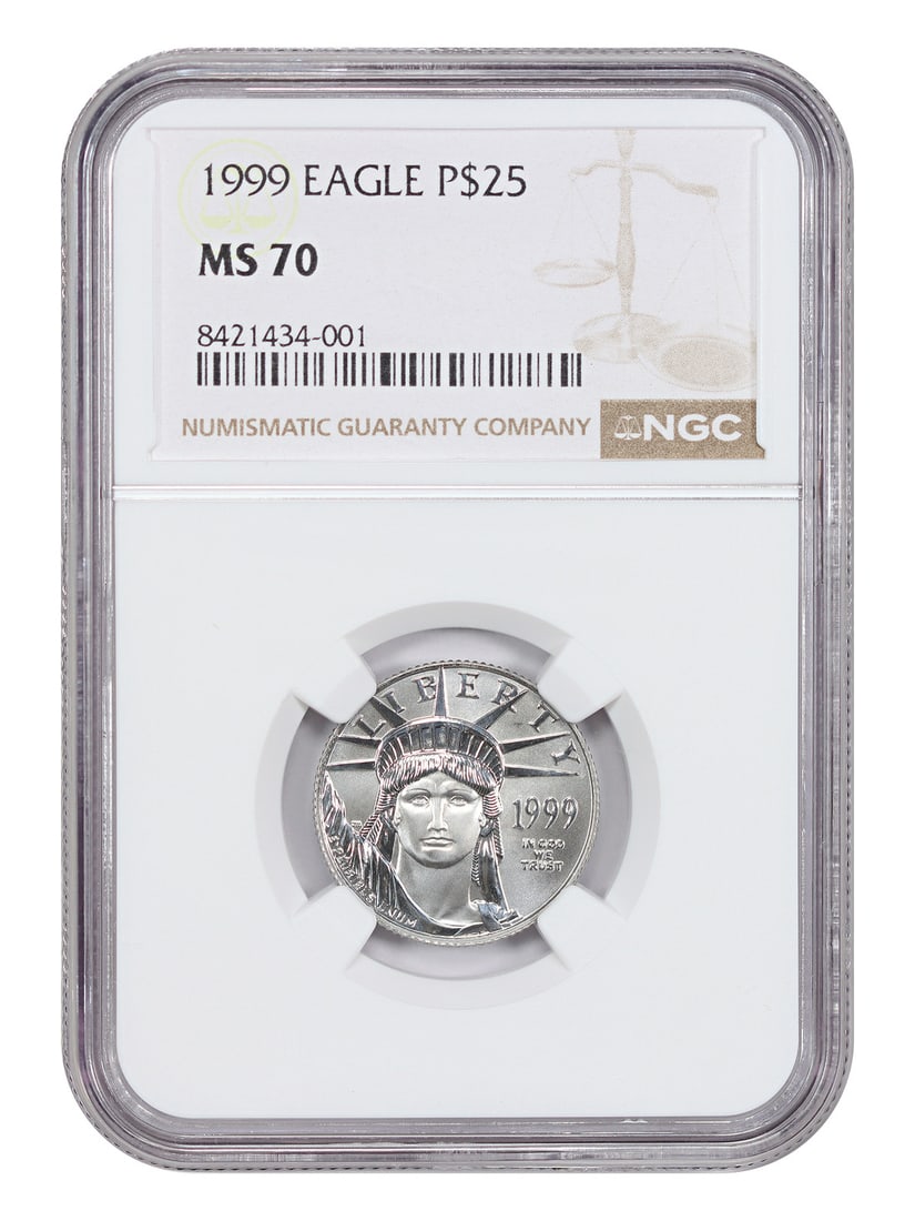 NGC MS70 1999 $25 Platinum Eagle Statue of Liberty: NGC MS70 1999 $25 Platinum Eagle Statue of Liberty 1999 $25 Statue of Liberty Platinum Eagle certified by NGC and graded MS70. This uncirculated bullion coin is from the 1999 Platinum Eagles series an