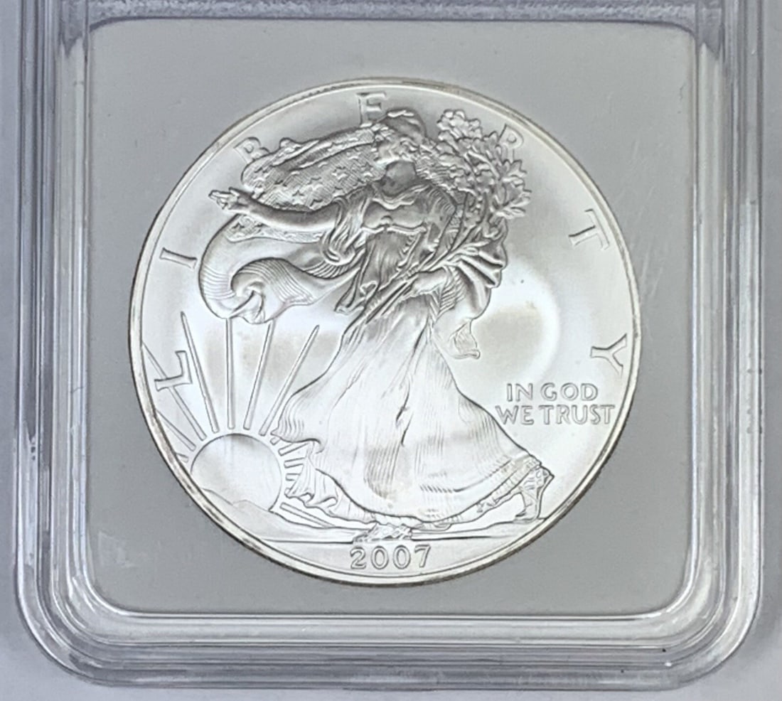 1st Day of Issue 2007 American Silver Eagle Dollar in Protective Holder: 1st Day of Issue 2007 American Silver Eagle Dollar in Protective Holder This 2007 American Silver $1 Eagle coin features a silver composition and a denomination of $1. Issued by the United States, it 