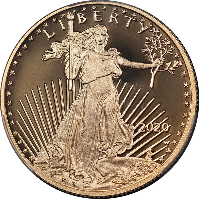 PCGS PR70 DCAM 2020-W $25 Gold American Eagle Blue Label: PCGS PR70 DCAM 2020-W $25 Gold American Eagle Blue Label This 2020-W Gold American Eagle $25 coin is graded by PCGS as PR70 DCAM and features the Blue Label. Struck in 2020 at the West Point Mint, thi
