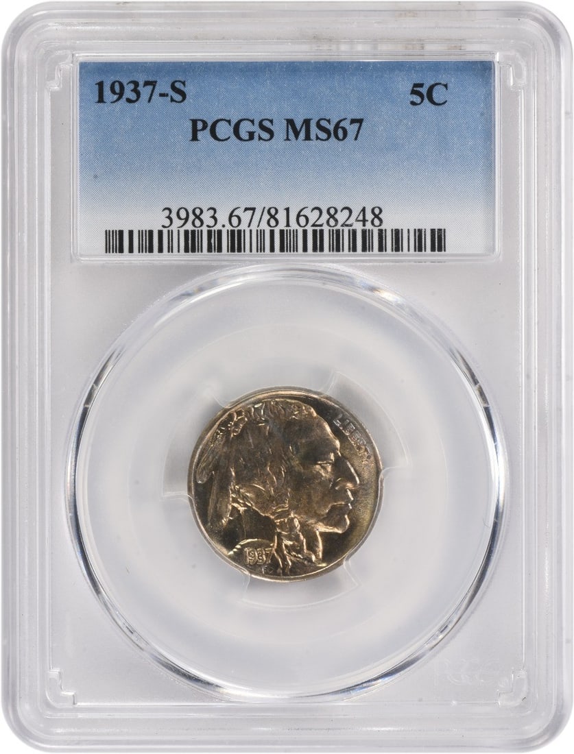 PCGS MS67 1937-S Buffalo 5C Nickel: PCGS MS67 1937-S Buffalo 5C Nickel This 1937-S Buffalo Nickel is graded MS67 by PCGS, indicating an uncirculated coin with exceptional quality. Struck at the San Francisco Mint, it features the classi