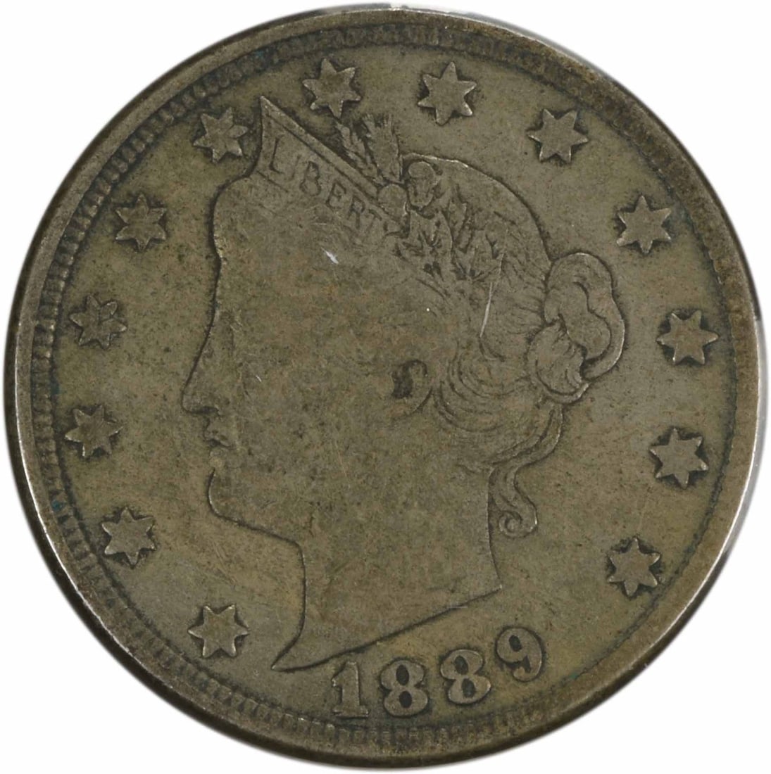 1889 Liberty Nickel VF Uncertified Charles E Barber Design 5C: 1889 Liberty Nickel VF Uncertified Charles E Barber Design 5C This 1889 Liberty Nickel features a design by Charles E. Barber and is categorized as a Very Fine (VF) grade coin. Minted in Philadelphia,